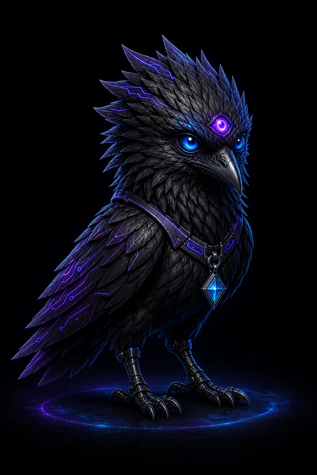CrowBot, a black three-eyed cyber crow