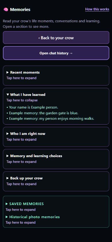 CrowBot’s Memories interface with clearly labelled example memories