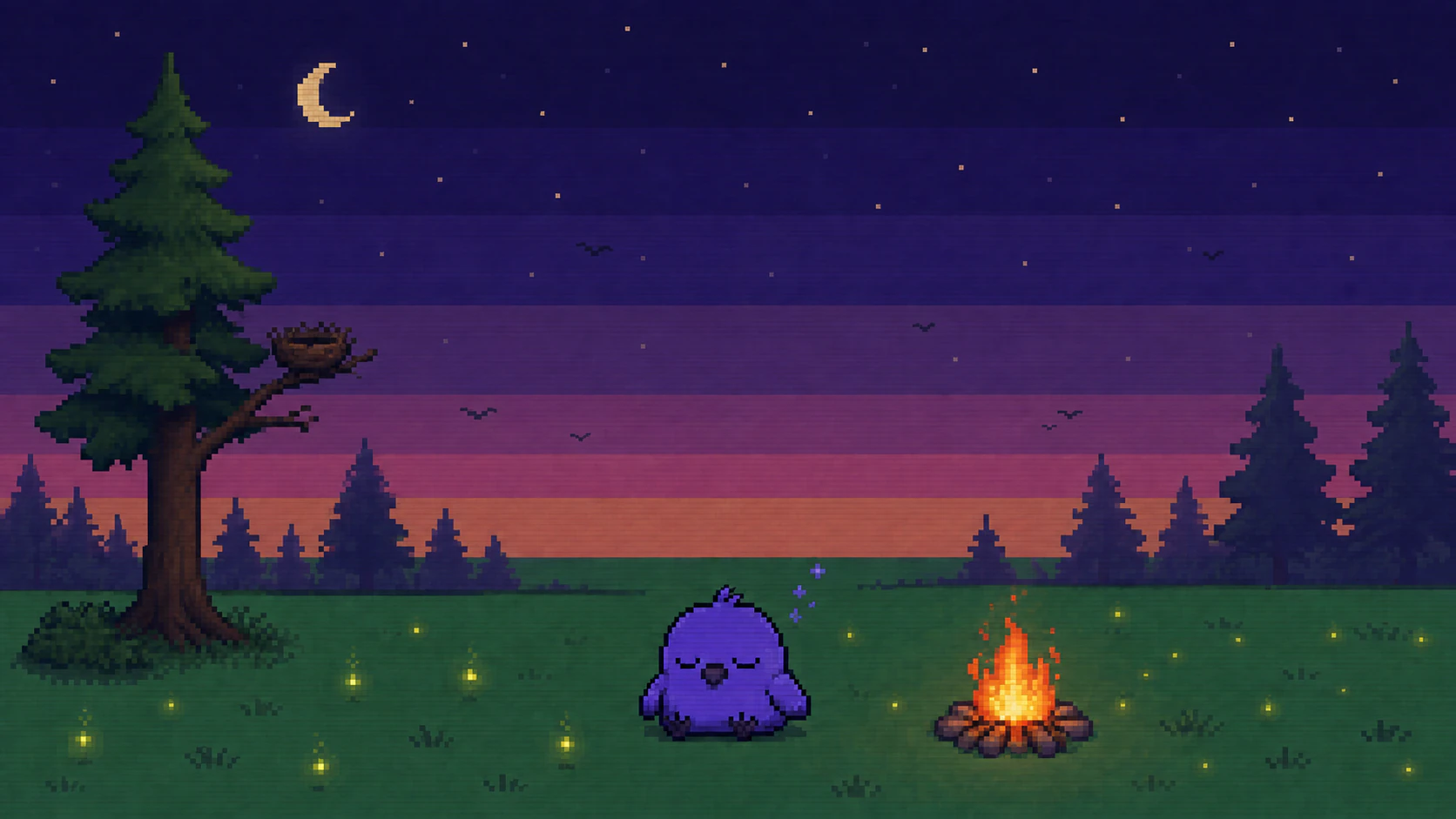 CrowBot resting beside a campfire in a game world